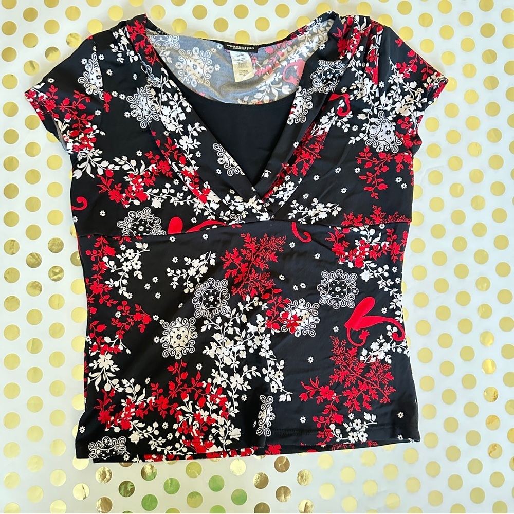 PerSeption Concept Red and Black Fitted Cap Sleeve Blouse